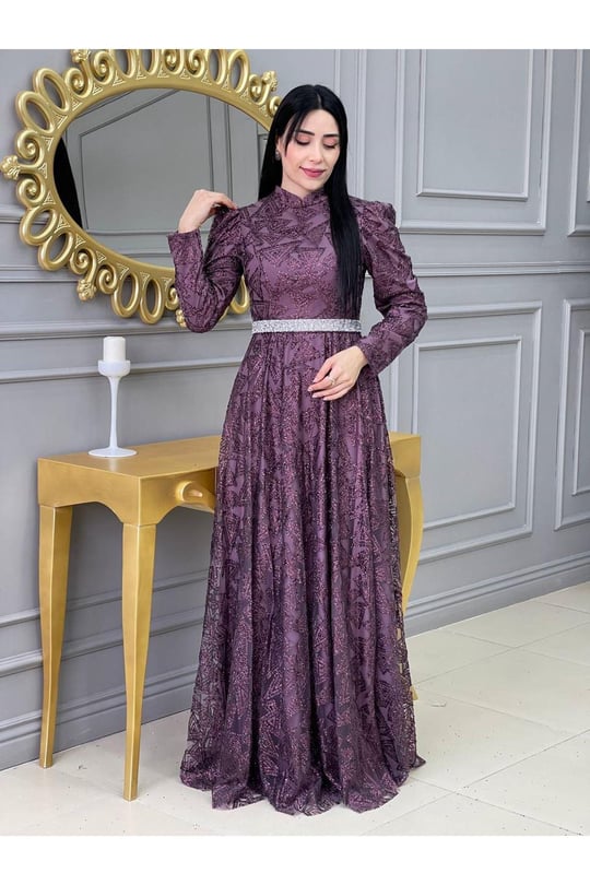 Beli Taşlı Simli Abiye 17641 Leylak