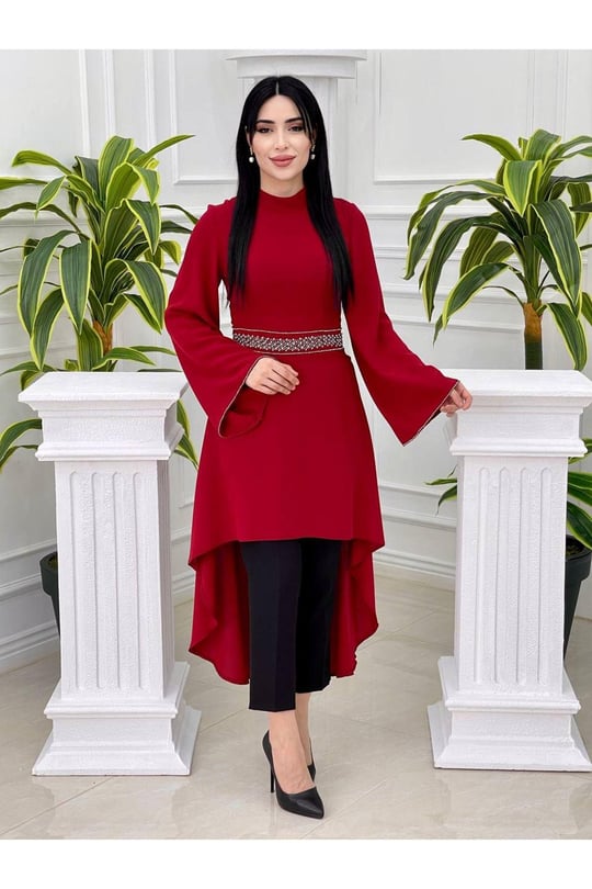 Beli Taşlı Tunik Takım 4704 Kırmızı