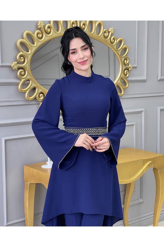 Beli Taşlı Tunik Takım 4704 Saks