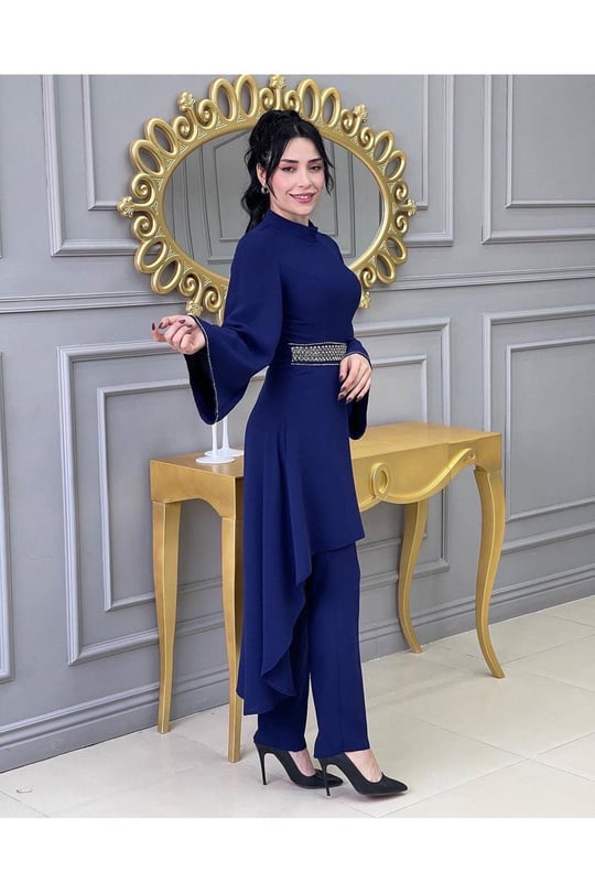 Beli Taşlı Tunik Takım 4704 Saks