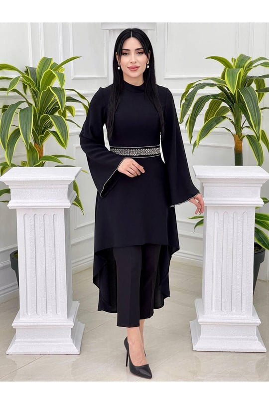 Beli Taşlı Tunik Takım 4704 Siyah