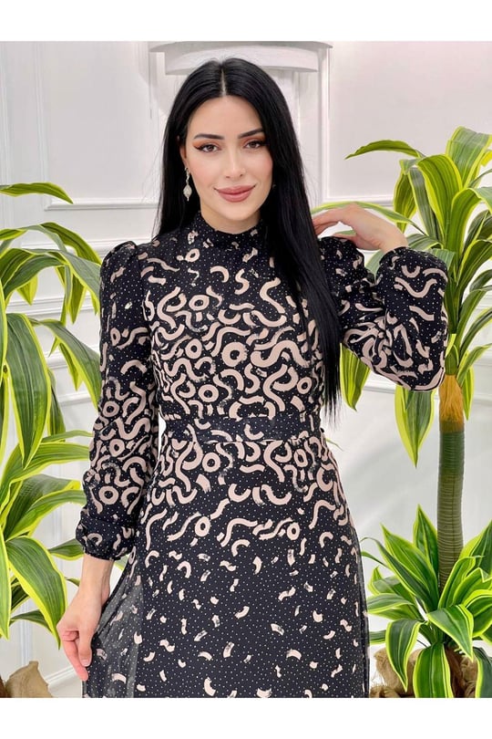 Benekli Şifon Elbise 3946 Siyah