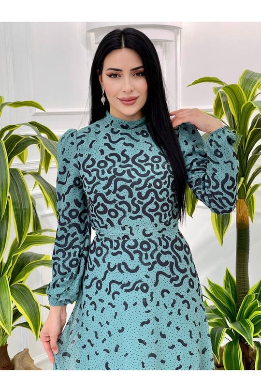 Benekli Şifon Elbise 3946 Yeşil