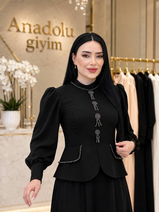 Boncuk Detay Takım Görünümlü Elbise 1085 T-26 Siyah
