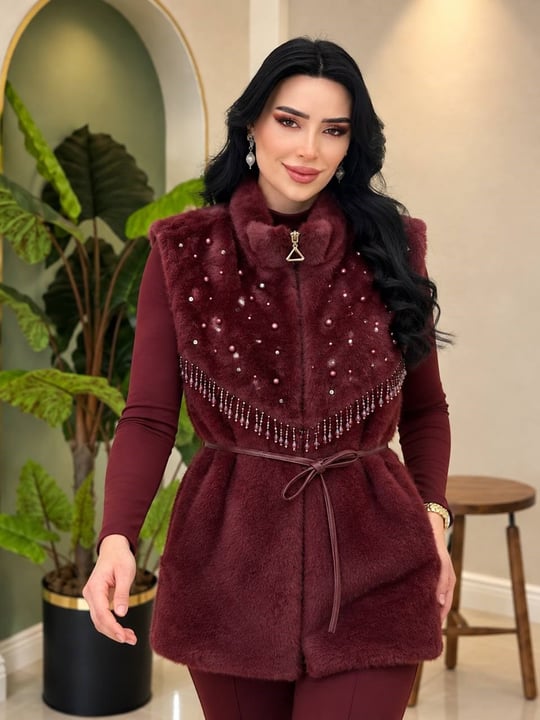 Boncuk İşleme Angora Yelek 9042 T-26 Bordo