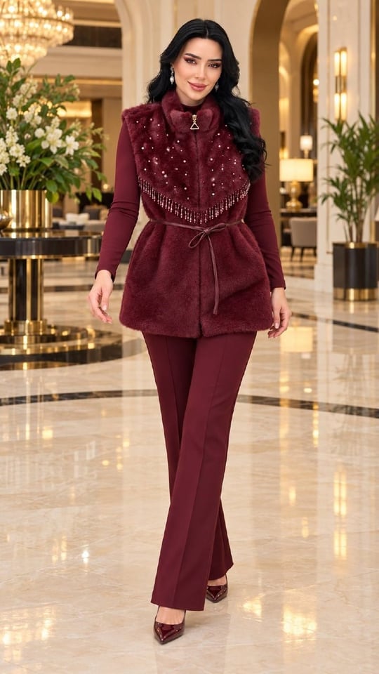 Boncuk İşleme Angora Yelek 9042 T-26 Bordo