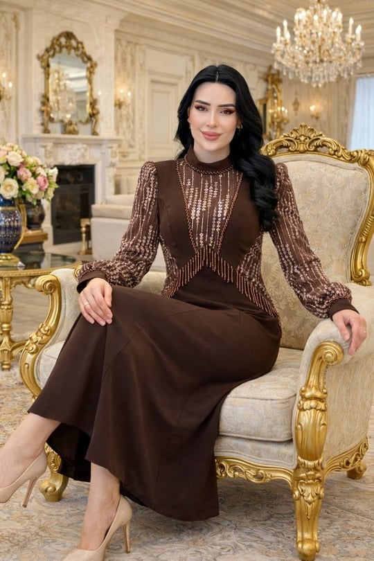 Boncuk İşleme Tül Kol Krep Elbise 7204 T-26 Kahverengi