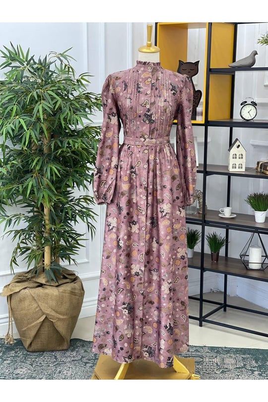 Boydan Düğmeli Desenli Elbise 3218 Purdra