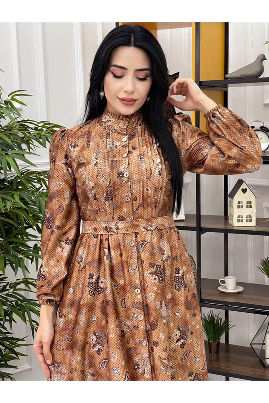 Boydan Düğmeli Desenli Elbise 3218 Taba