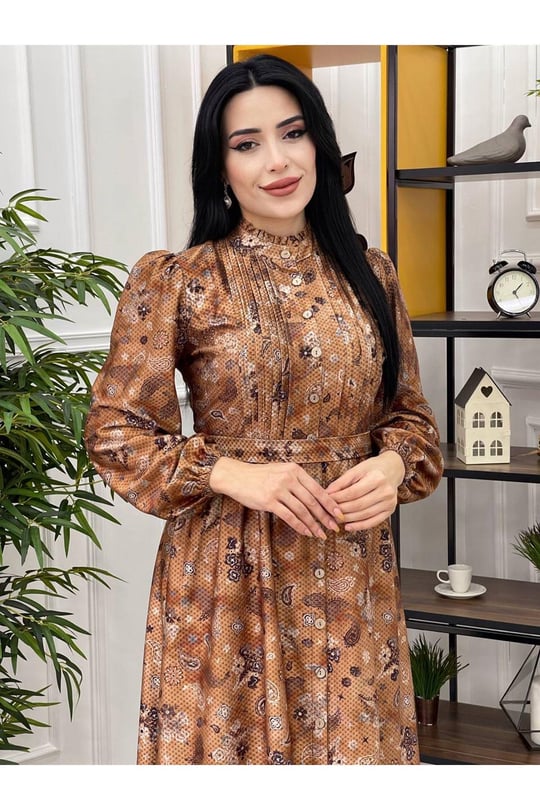 Boydan Düğmeli Desenli Elbise 3218 Taba