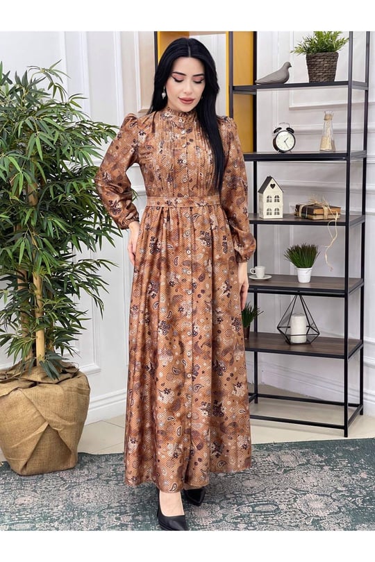 Boydan Düğmeli Desenli Elbise 3218 Taba