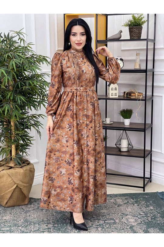 Boydan Düğmeli Desenli Elbise 3218 Taba