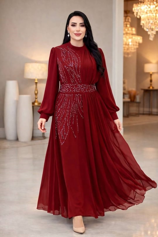 Büyük Beden Şifon Önü Taşlı Elbise 5444 T-26 Bordo