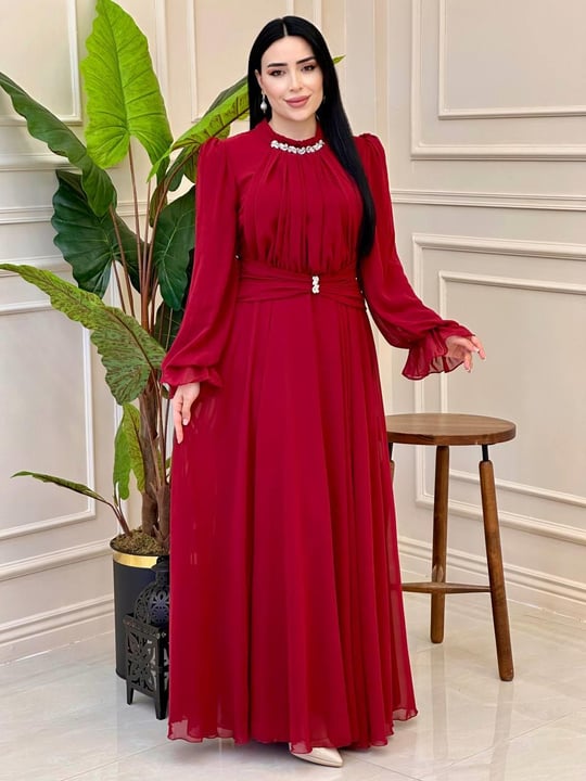 Büzgü Yaka Bel Taş Şifon Elbise 4801 Bordo