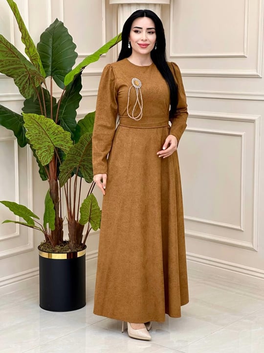 Cam Kırığı Desen Örme Elbise 1781 t-24 Taba