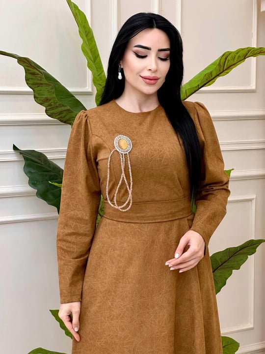 Cam Kırığı Desen Örme Elbise 1781 t-24 Taba