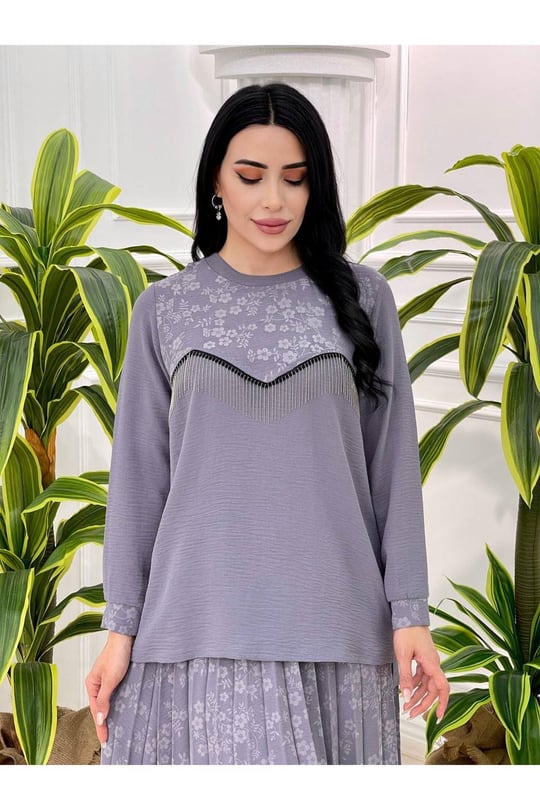 Çiçek Baskı Etekli Takım 1128 Gri