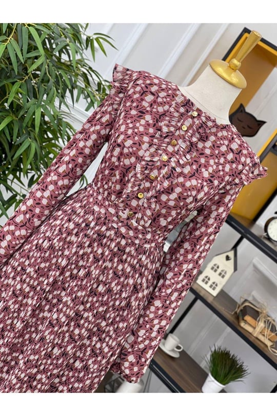 Çiçek Baskı Piliseli Elbise 373 Rose