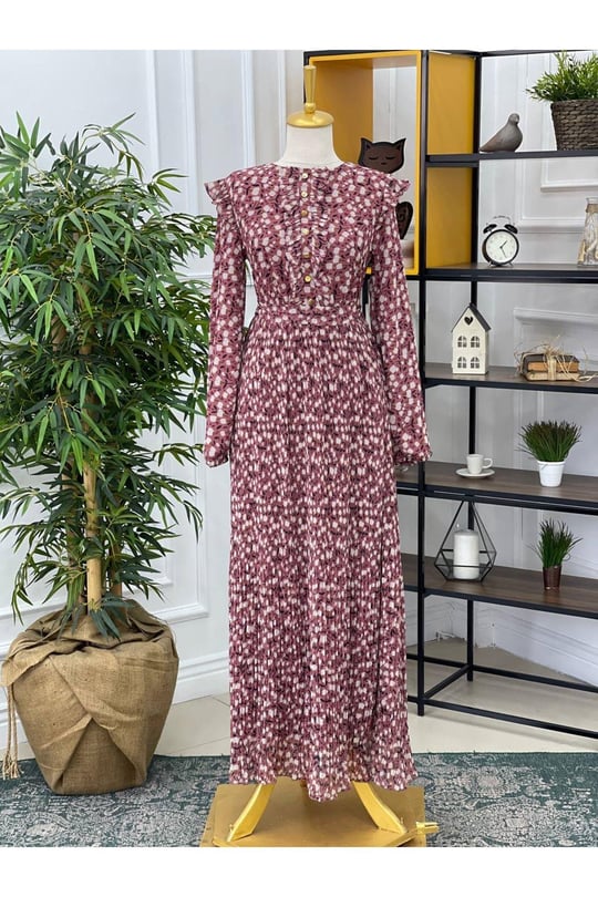 Çiçek Baskı Piliseli Elbise 373 Rose