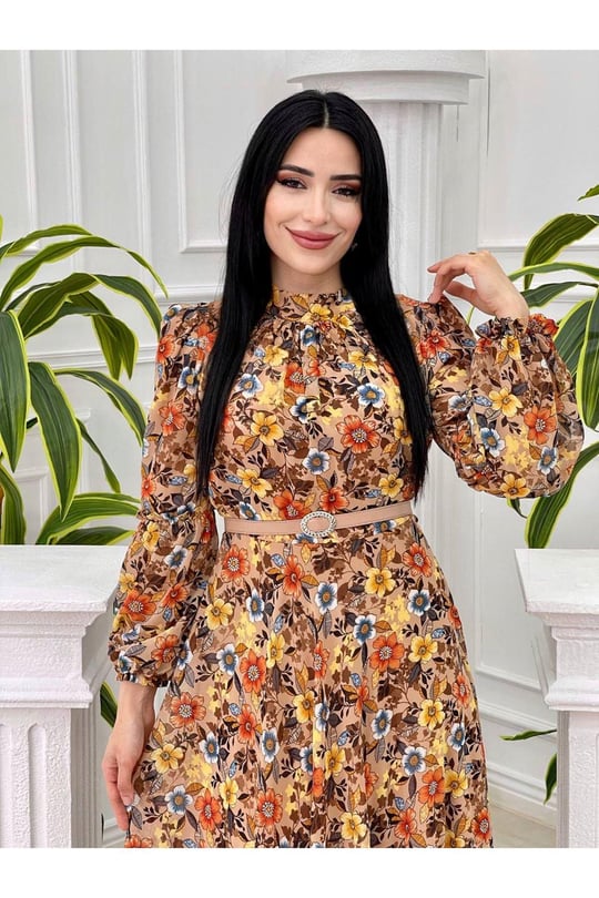 Çiçek Desem Şifon Elbise 4021 Vizon