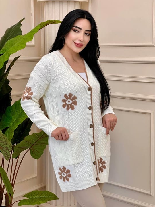 Çiçek Desen Düğmeli Hırka 34014 t-24 Beyaz