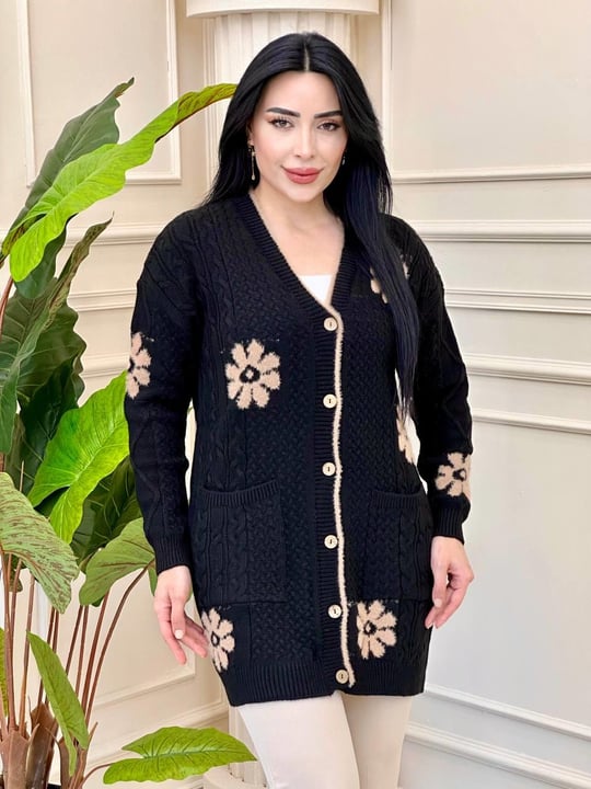 Çiçek Desen Düğmeli Hırka 34014 t-24 Siyah