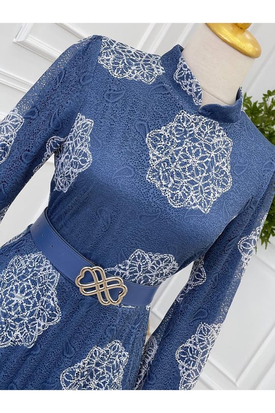 Çiçek Desen Güpür Elbise 1187 Mavi