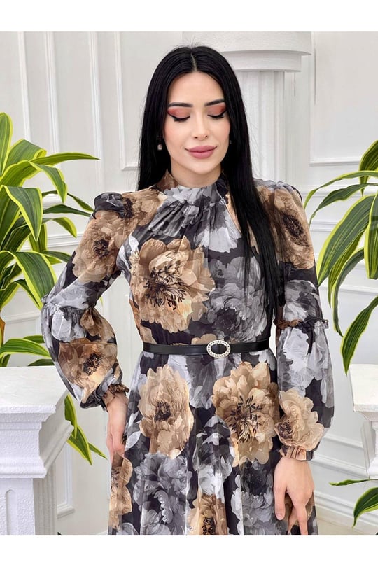 Çiçek Desen Kemerli Elbise 4021 Gri