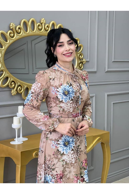 Çiçek Desen Şifon Elbise 3332 Bej