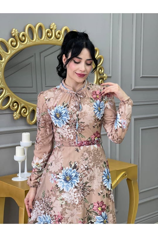 Çiçek Desen Şifon Elbise 3332 Bej