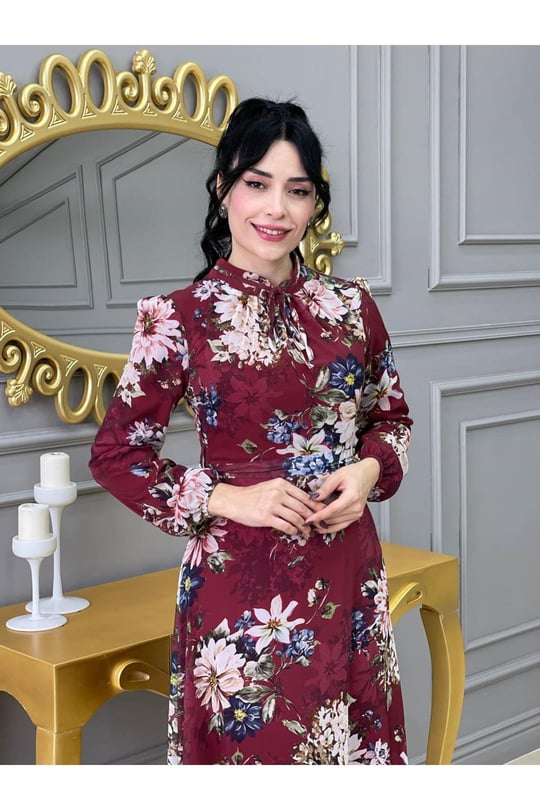 Çiçek Desen Şifon Elbise 3332 Bordo