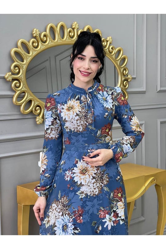 Çiçek Desen Şifon Elbise 3332 İndigo Mavi
