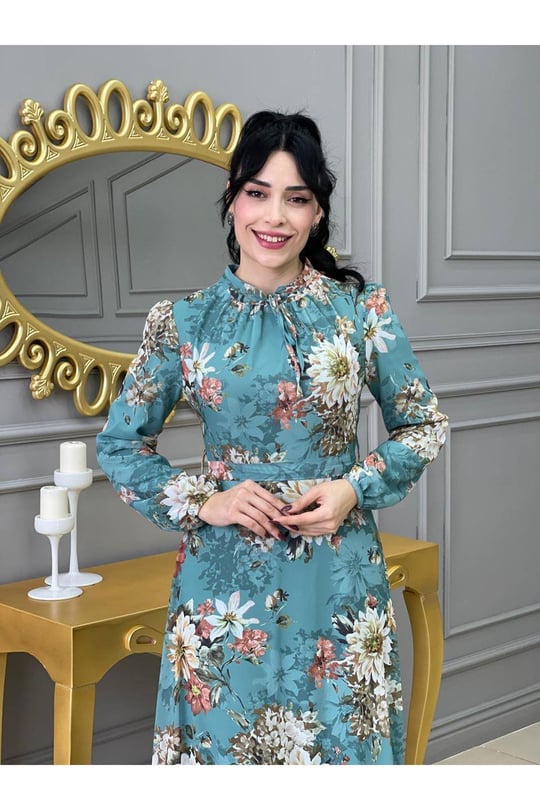 Çiçek Desen Şifon Elbise 3332 Mint yeşili