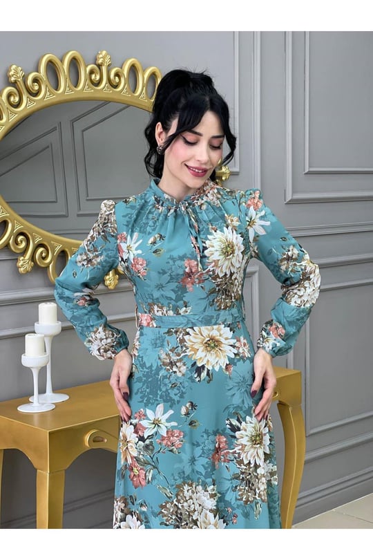 Çiçek Desen Şifon Elbise 3332 Mint yeşili