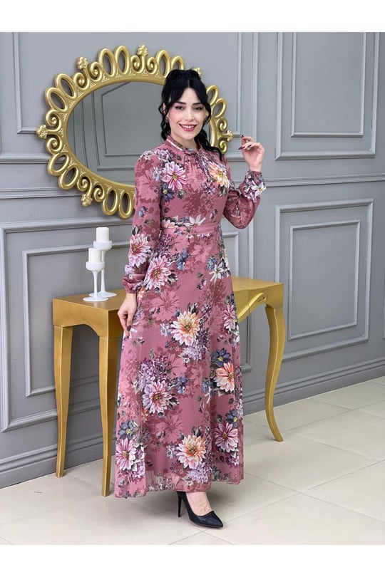 Çiçek Desen Şifon Elbise 3332 Purdra