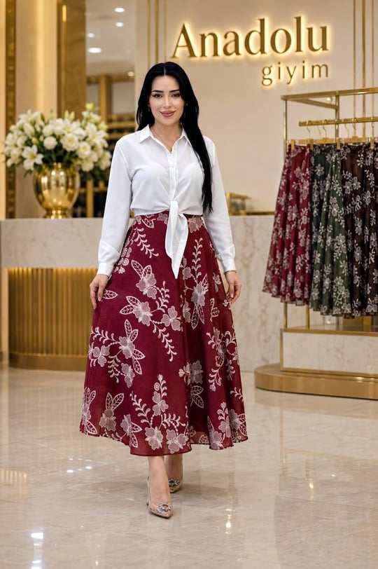 Çiçek Desen Volanlı Etek 60697 T-26 Bordo