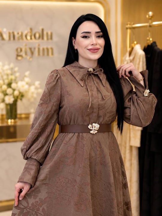 Çiçek Desenli Elbise 1203 T-26 Kahverengi