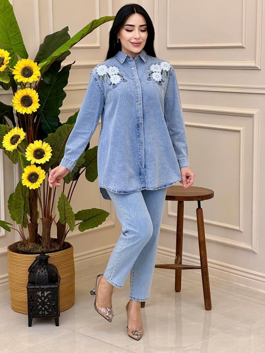 Çiçek Kabartma Kot Takım 7204 T025 Kot