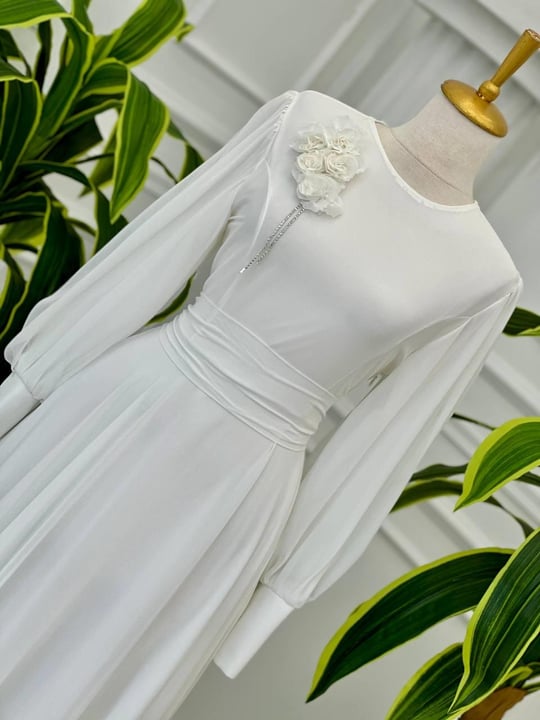 Çiçek Taş Broş Şifon Elbise 1516 t-24 Beyaz