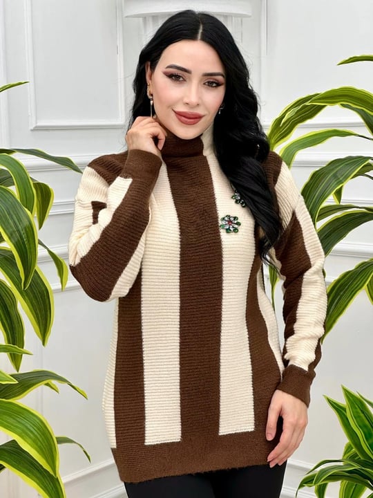 Çiçek Taş Çizgili Kazak 7715 Kahverengi