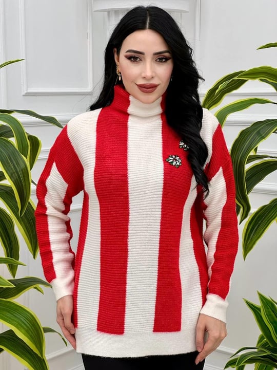 Çiçek Taş Çizgili Kazak 7715 Kırmızı