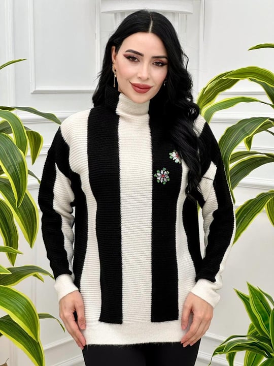 Çiçek Taş Çizgili Kazak 7715 Siyah