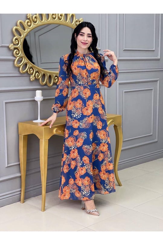 Çiçekli Elbise 3307 İndigo Mavi