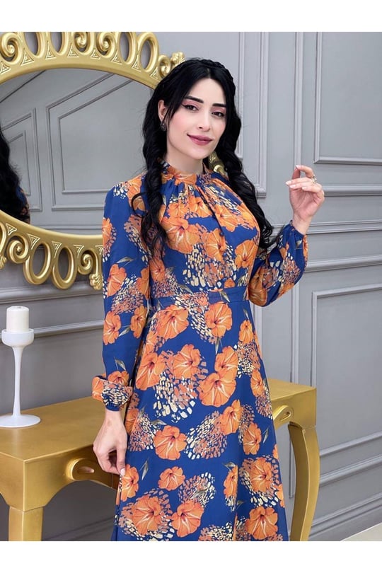 Çiçekli Elbise 3307 İndigo Mavi