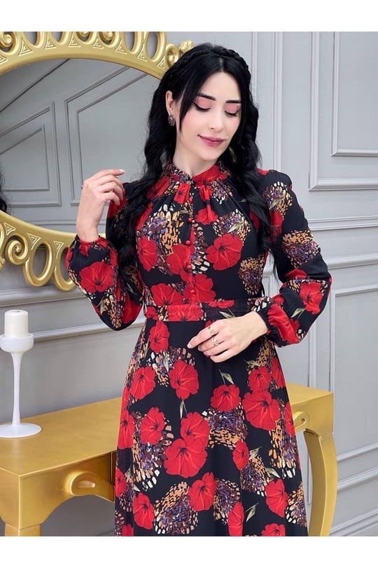 Çiçekli Elbise 3307 Siyah