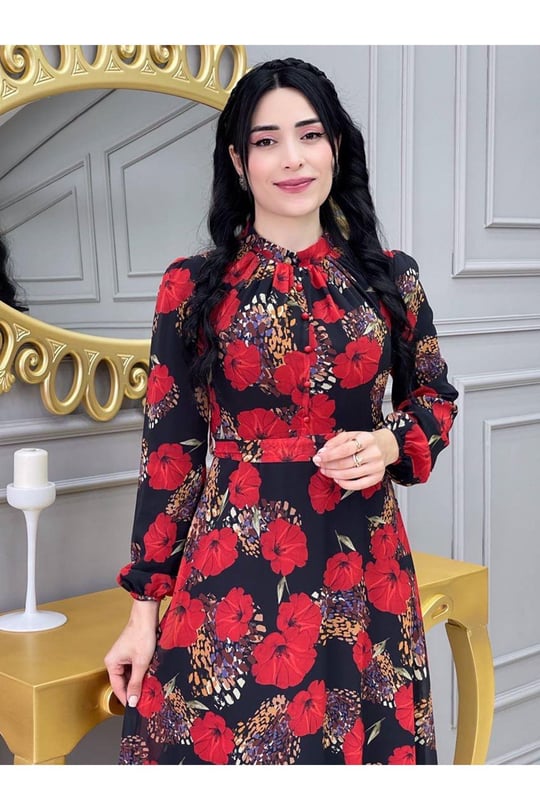 Çiçekli Elbise 3307 Siyah