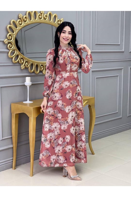 Çiçekli Elbise 3307 Taba