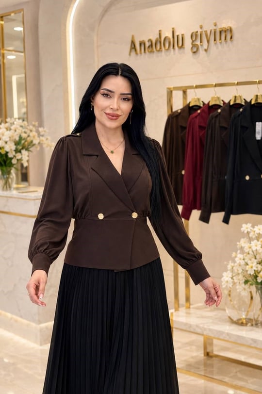 Çift Düğme Ceket Görünümlü Bluz 6572 T-26 Kahverengi