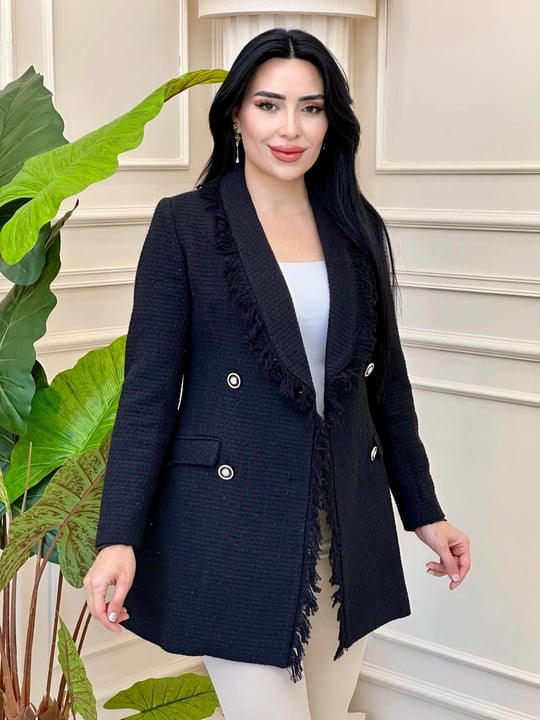 Çİft Düğme Saçaklı Örme Ceket 0329 t-24 Siyah