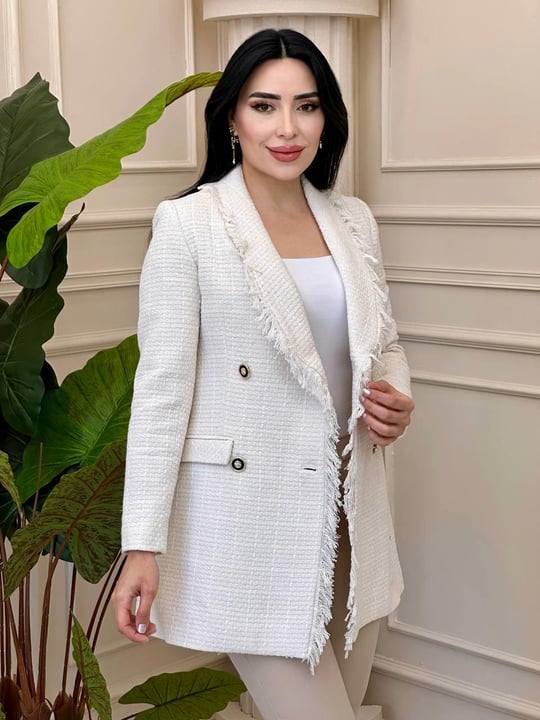 Çİft Düğme Saçaklı Örme Ceket 0329 t-24 Beyaz